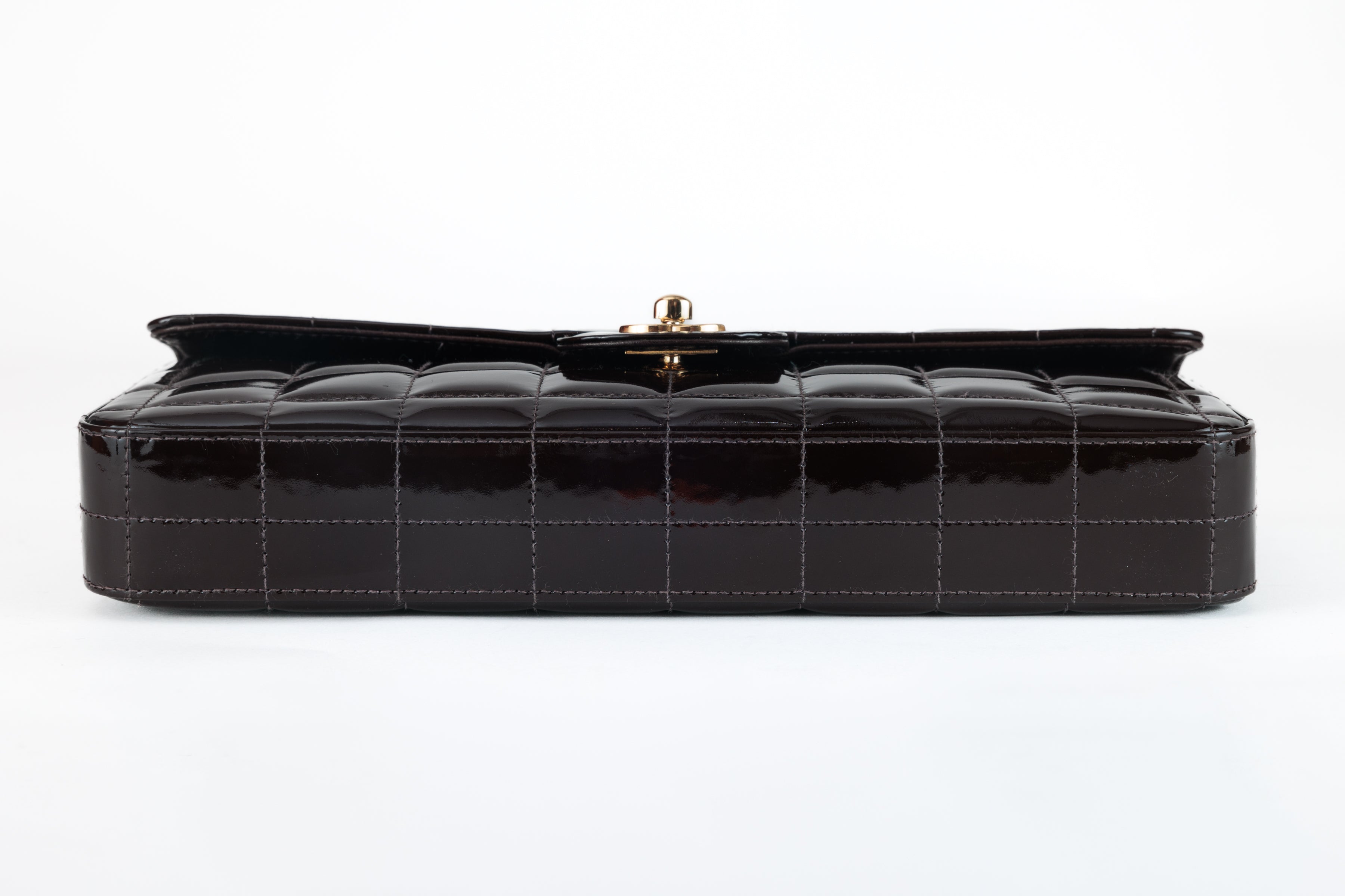 Chanel Brown Patent Leather  Chocolate Bar East West Flap Bag with Gold Hardware