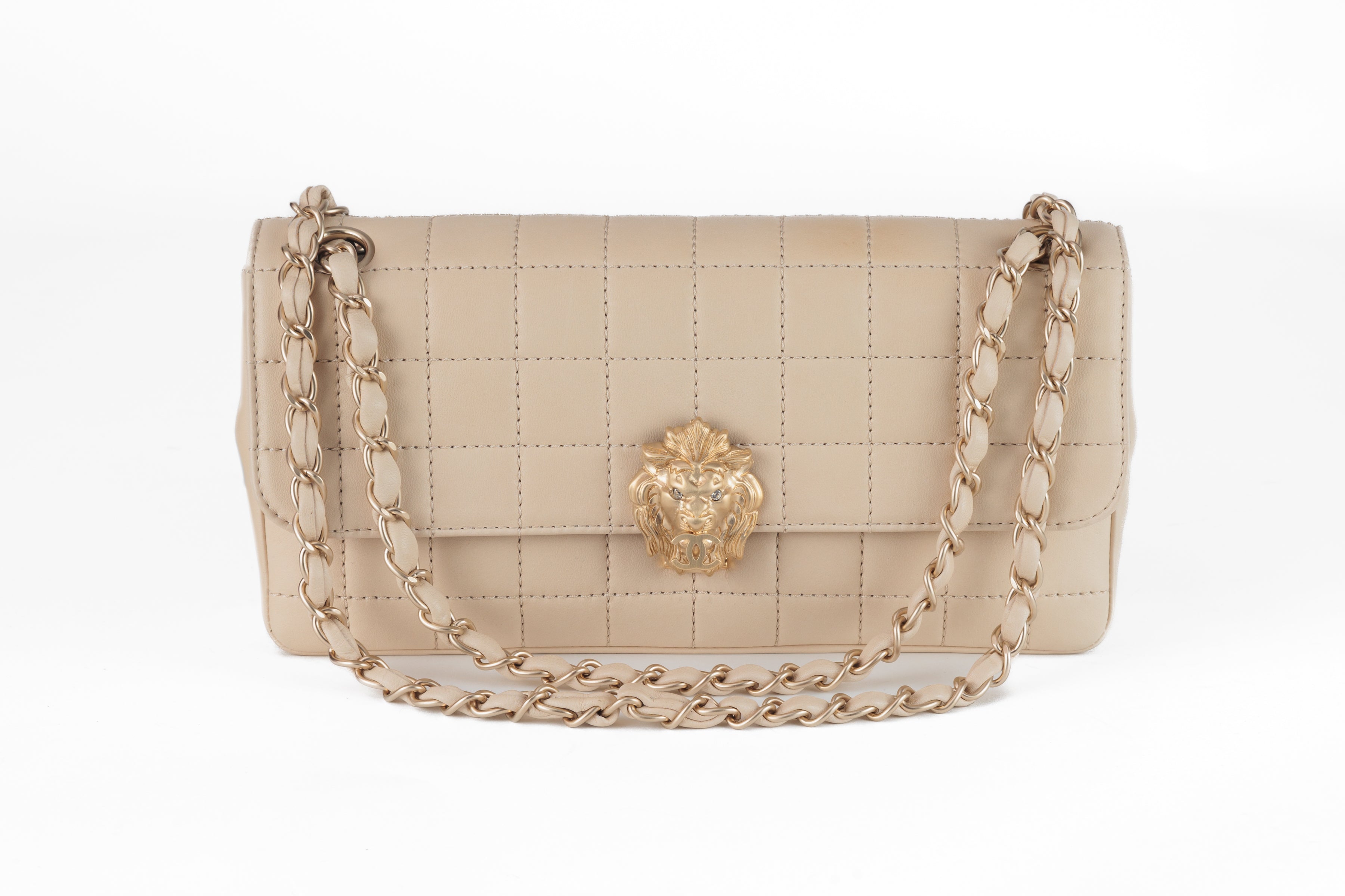 Chanel Ivory Chocolate Bar Flap Bag with Gold Lion Head Clasp