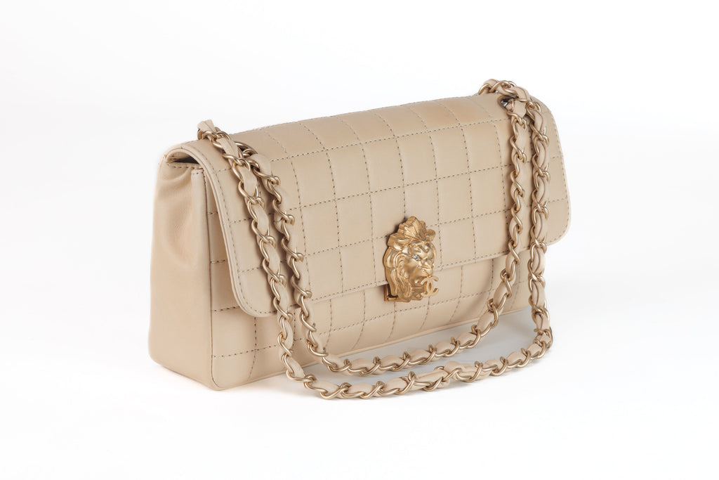 Chanel Ivory Chocolate Bar Flap Bag with Gold Lion Head Clasp