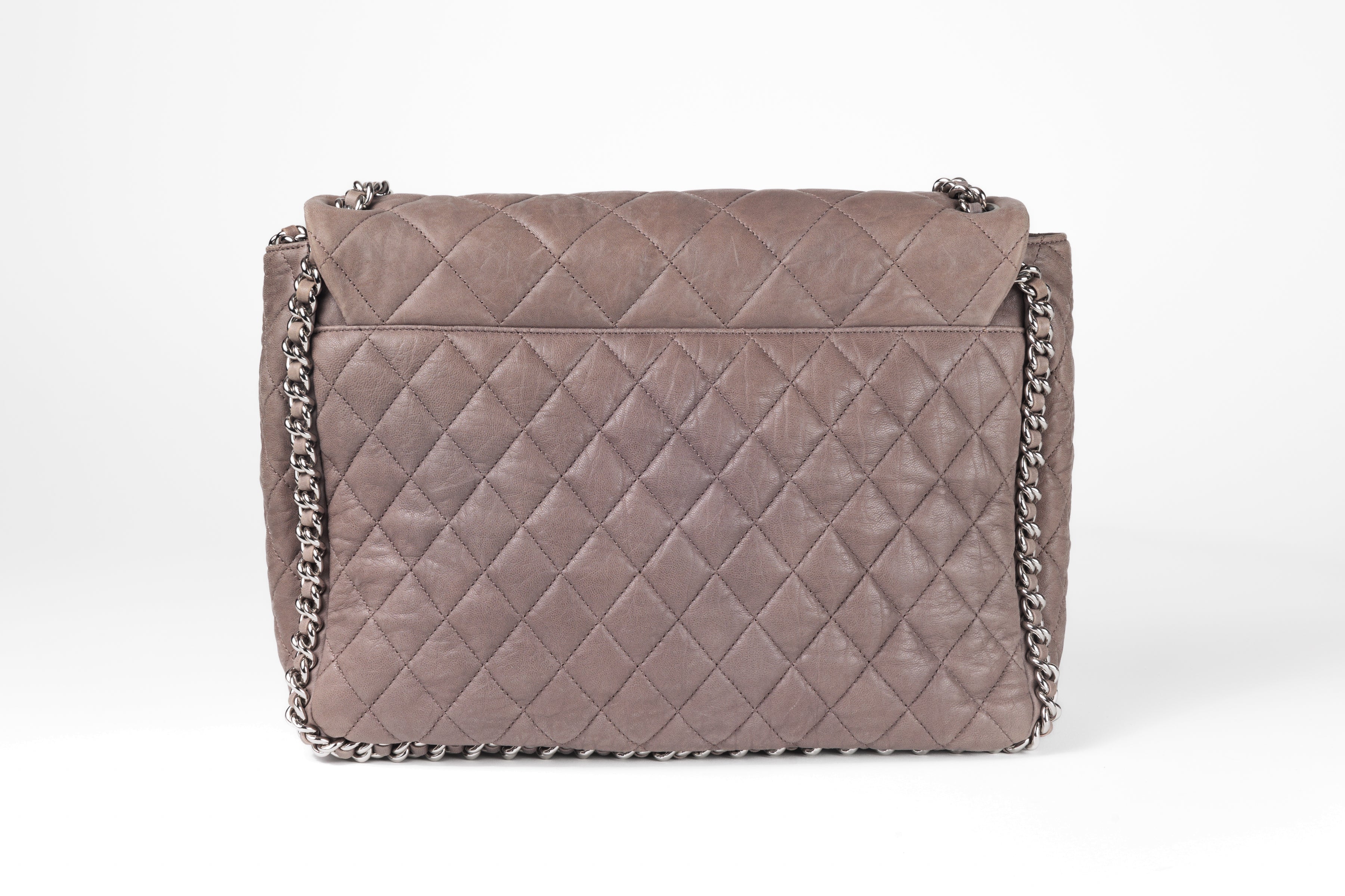 Chanel Taupe Gray Washed Lambskin Chain Around Luxe Flap Bag with Silver Hardware