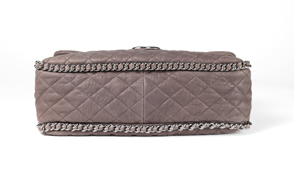Chanel Taupe Gray Washed Lambskin Chain Around Luxe Flap Bag with Silver Hardware
