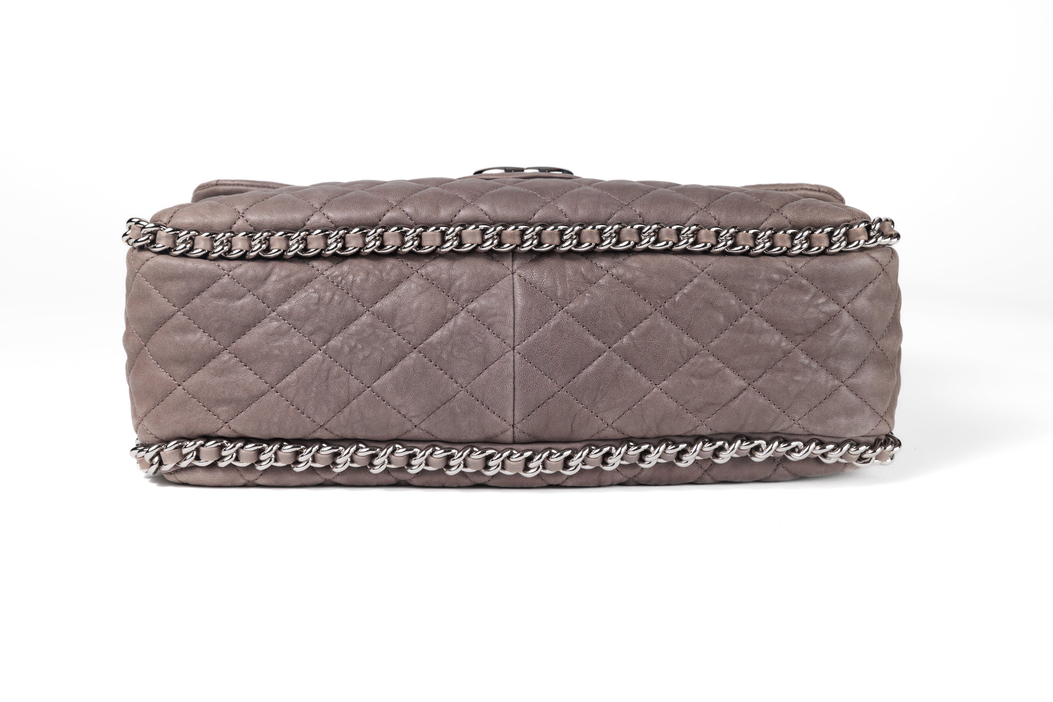 Chanel Taupe Gray Washed Lambskin Chain Around Luxe Flap Bag with Silver Hardware