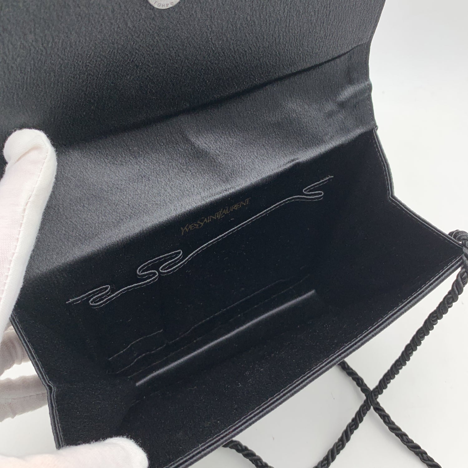 YVES SAINT LAURENT Vintage Black Satin Clutch Bag Embellished Bow