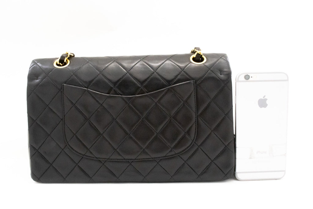 CHANEL Classic Double Flap 10" Chain Shoulder Bag Black Lambskin k74