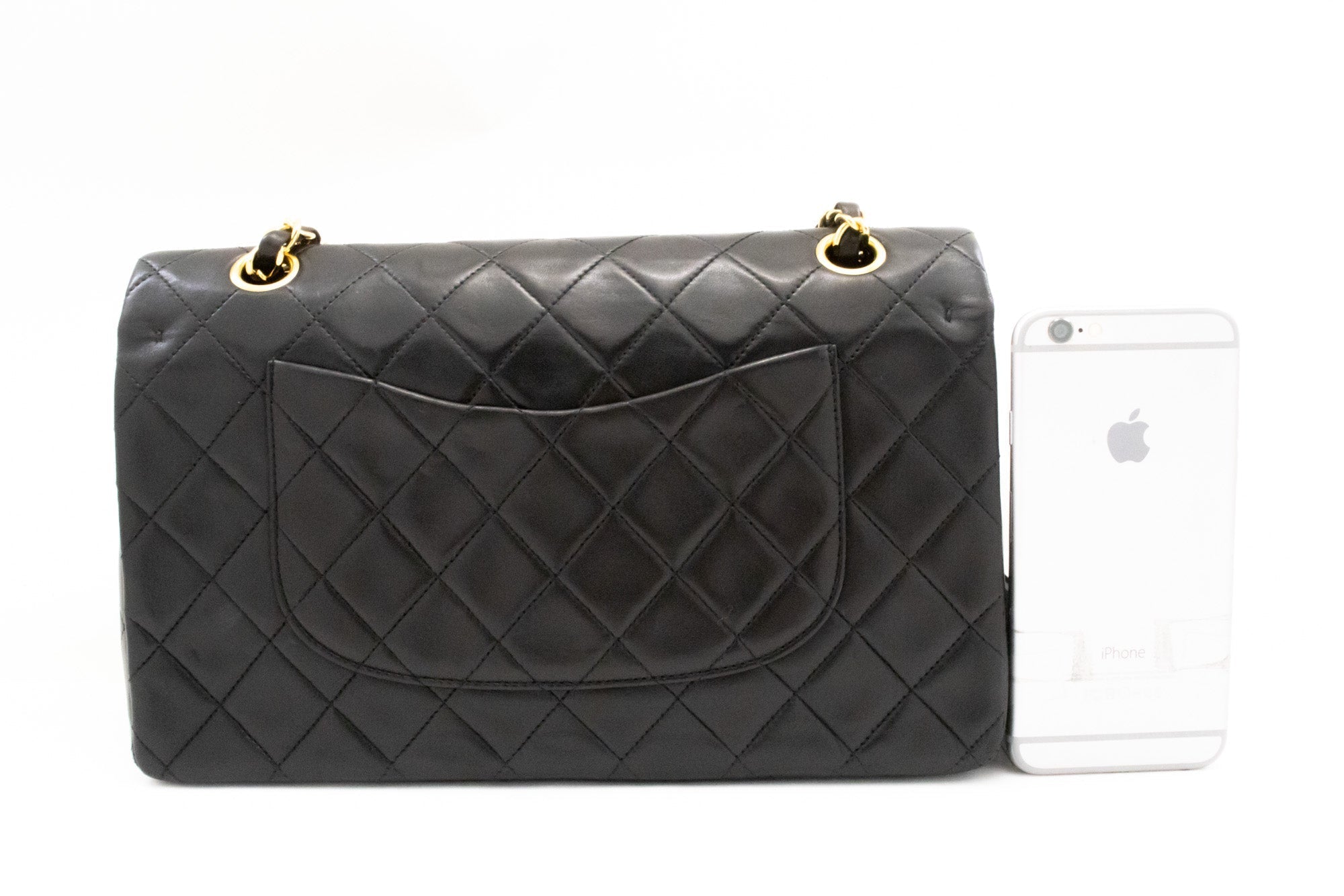 CHANEL Classic Double Flap 10" Chain Shoulder Bag Black Lambskin k74