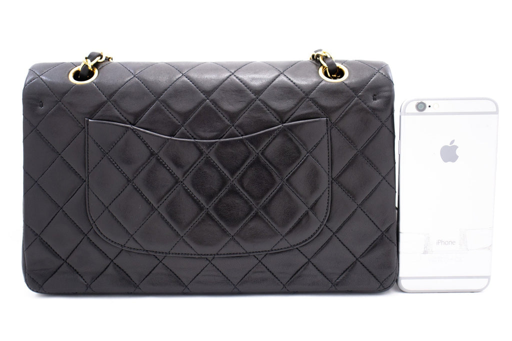 CHANEL Classic Double Flap 10" Chain Shoulder Bag Black Lambskin k72