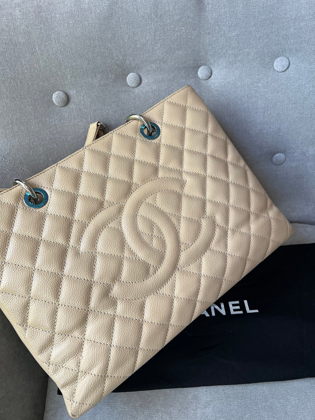 Chanel Light Beige Caviar Grand Shopper Tote with silver hardware (GST)