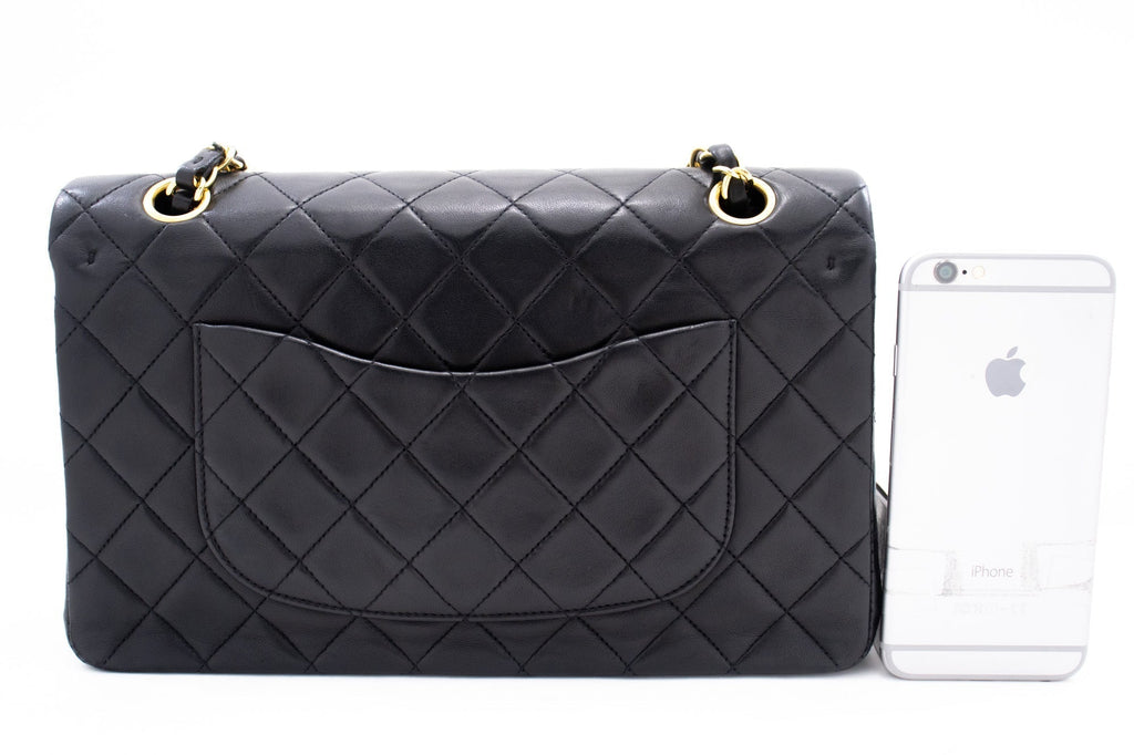 CHANEL Classic Double Flap 10" Chain Shoulder Bag Black Lambskin k76