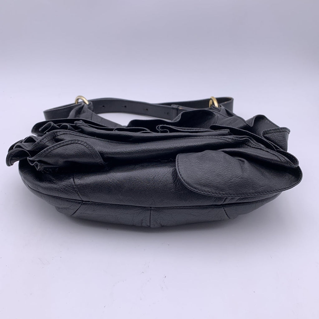 YVES SAINT LAURENT Black Ruffled Leather Hobo Tote Shoulder Bag