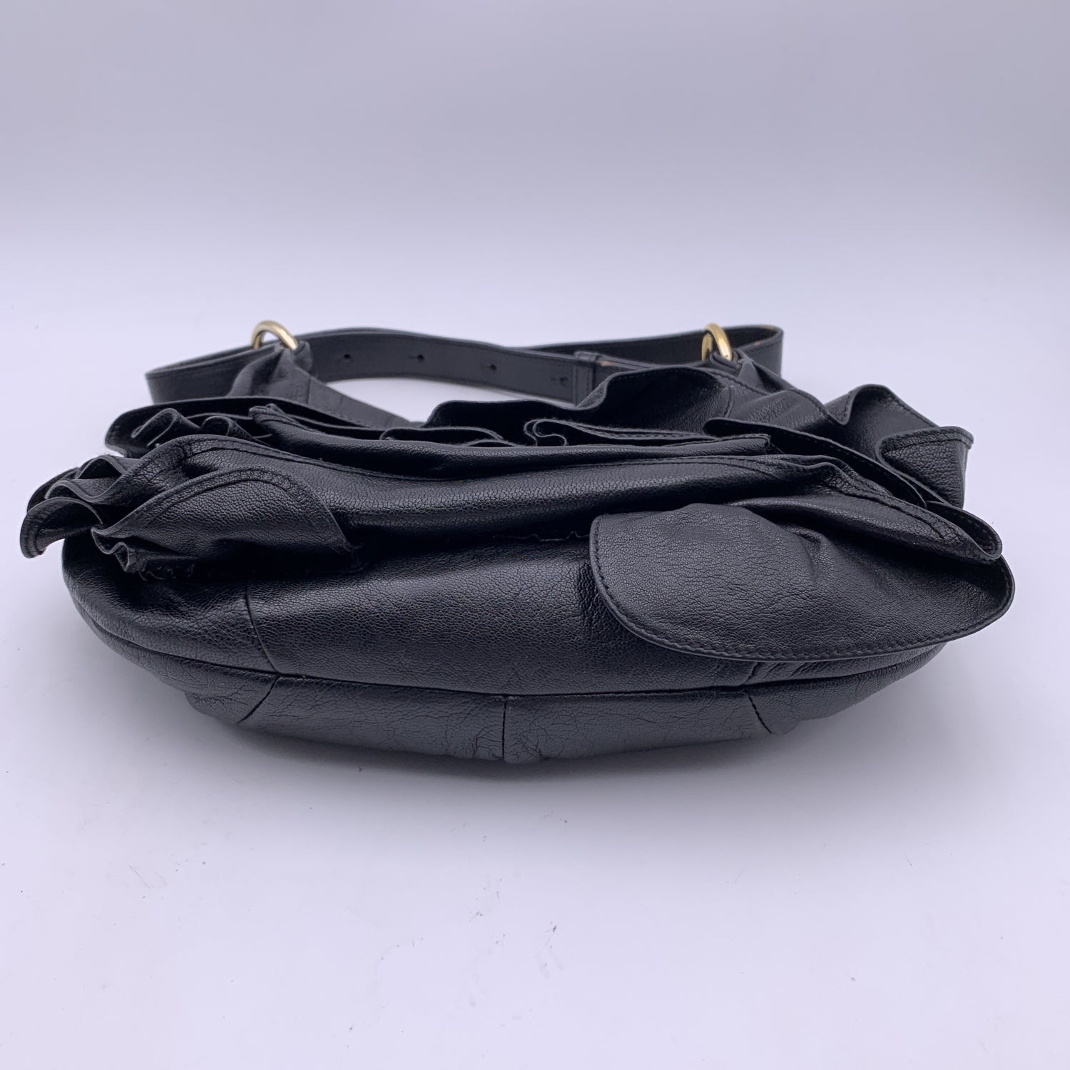 YVES SAINT LAURENT Black Ruffled Leather Hobo Tote Shoulder Bag
