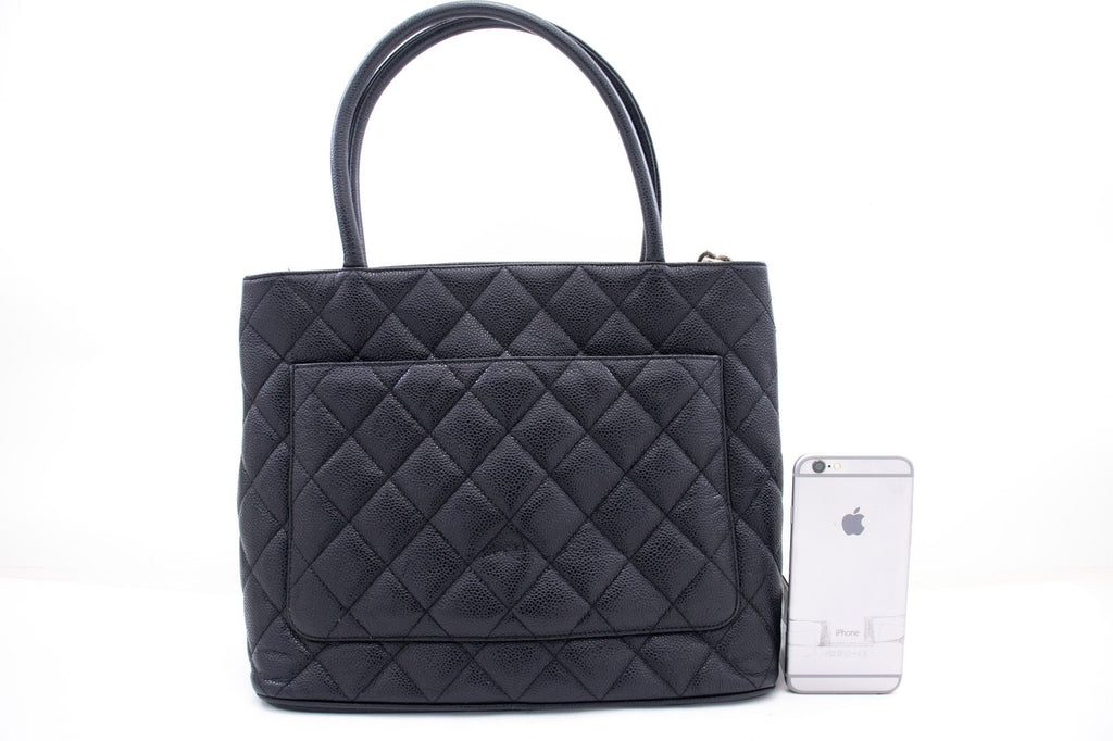 CHANEL Silver Medallion Caviar Shoulder Bag Shopping Tote Black k56