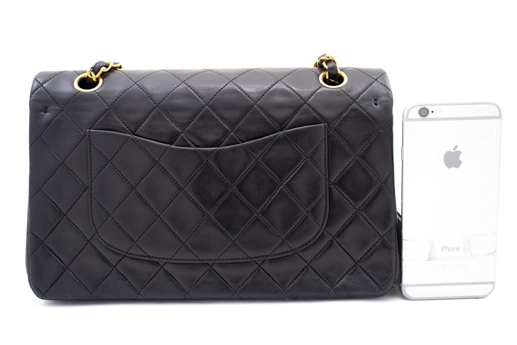 CHANEL Classic Double Flap 10" Chain Shoulder Bag Black Lambskin k77