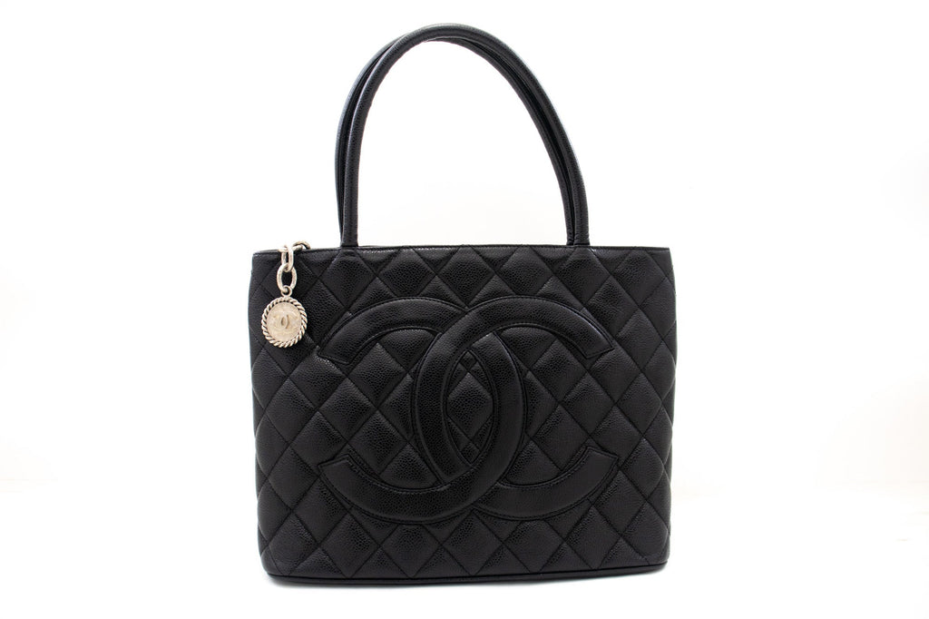 CHANEL Silver Medallion Caviar Shoulder Bag Shopping Tote Black SV k57