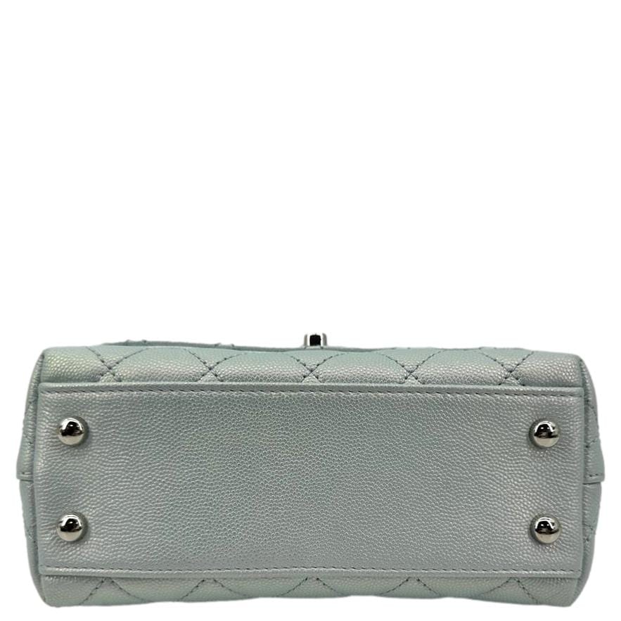 CHANEL Coco Extra Mini Top Handle Iridescent Caviar Leather Crossbody Bag Light Blue