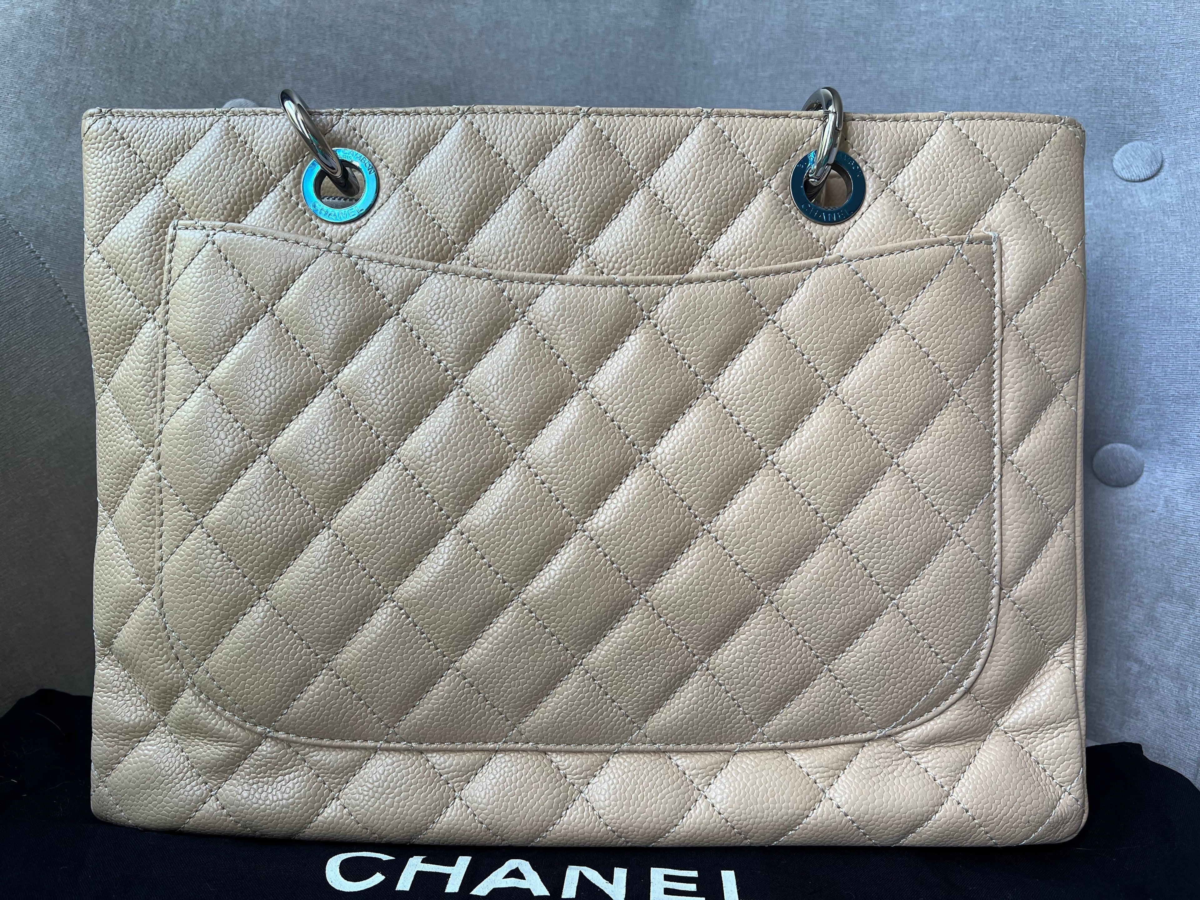 Chanel Light Beige Caviar Grand Shopper Tote with silver hardware (GST)