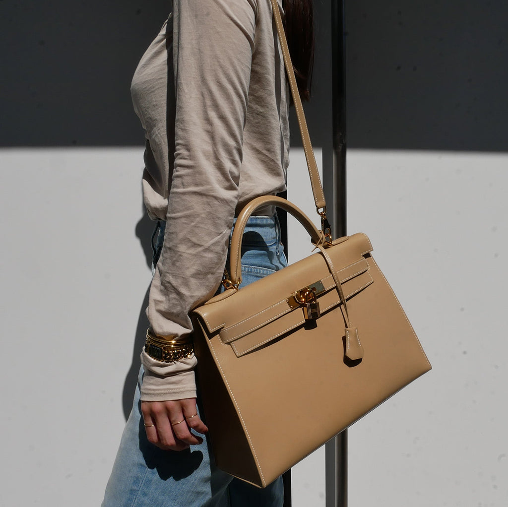 HERMES KELLY 32 SELLIER Beige Box Calf