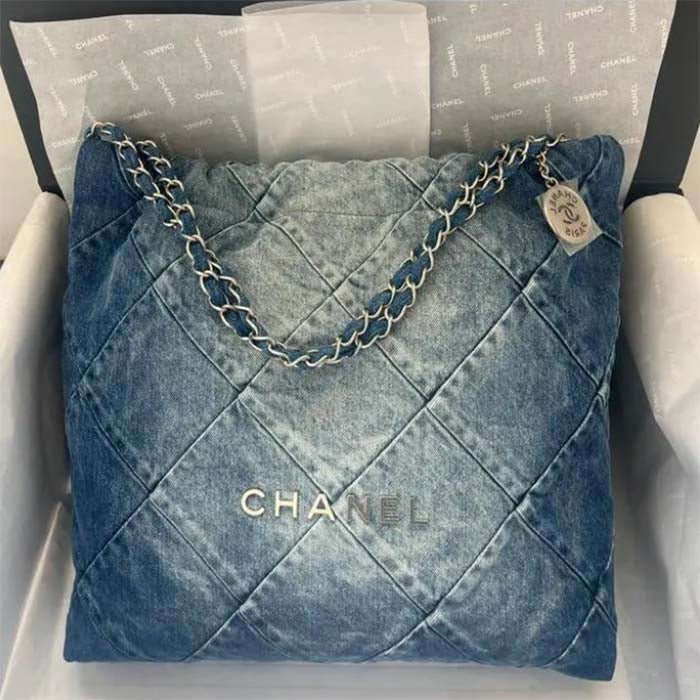 Chanel Women CC 22 Handbag Washed Denim Silver-Tone Metal Light Blue