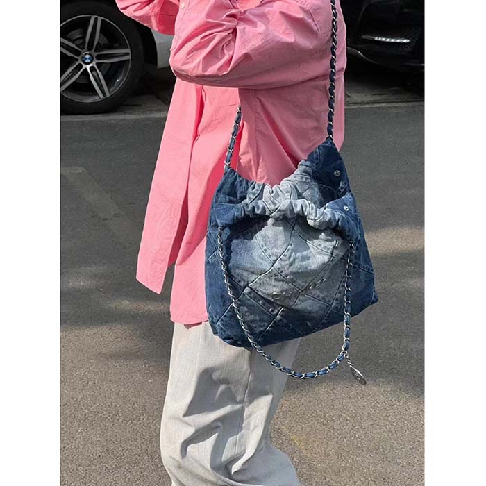 Chanel Women CC 22 Handbag Washed Denim Silver-Tone Metal Light Blue