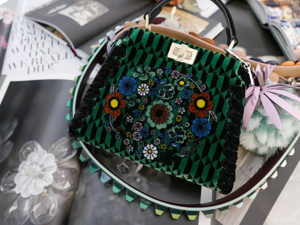 Fendi Floral Green Velvet Mini Peekaboo Bag