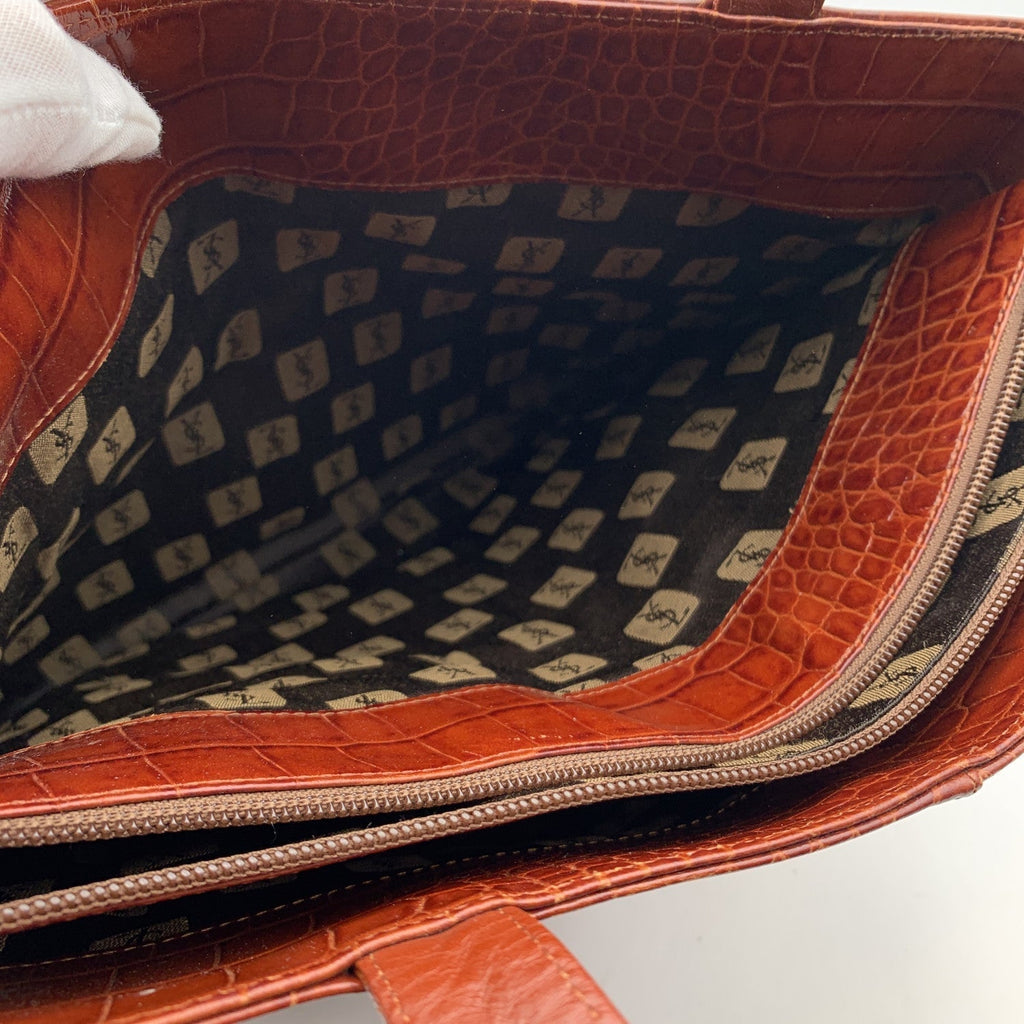 YVES SAINT LAURENT Vintage Brown Embossed Leather Stitch Tote Bag