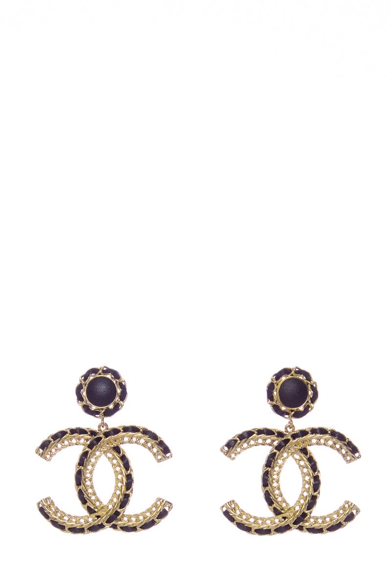 Chanel Black Leather and Gold CC Dangle Earrings