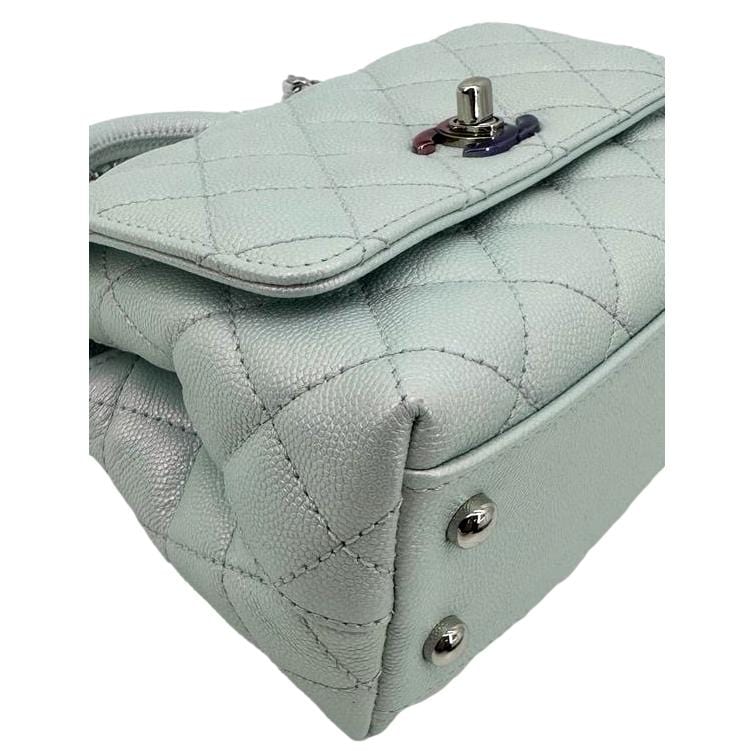CHANEL Coco Extra Mini Top Handle Iridescent Caviar Leather Crossbody Bag Light Blue
