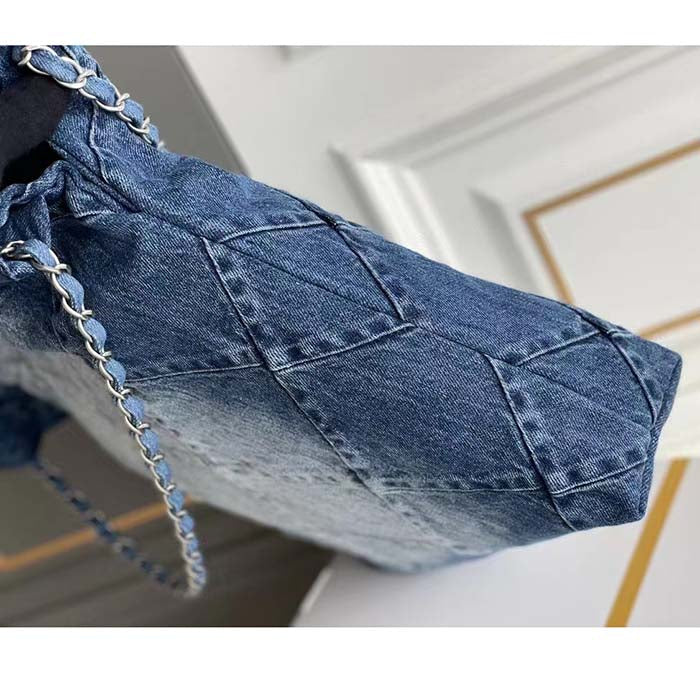 Chanel Women CC 22 Handbag Washed Denim Silver-Tone Metal Light Blue