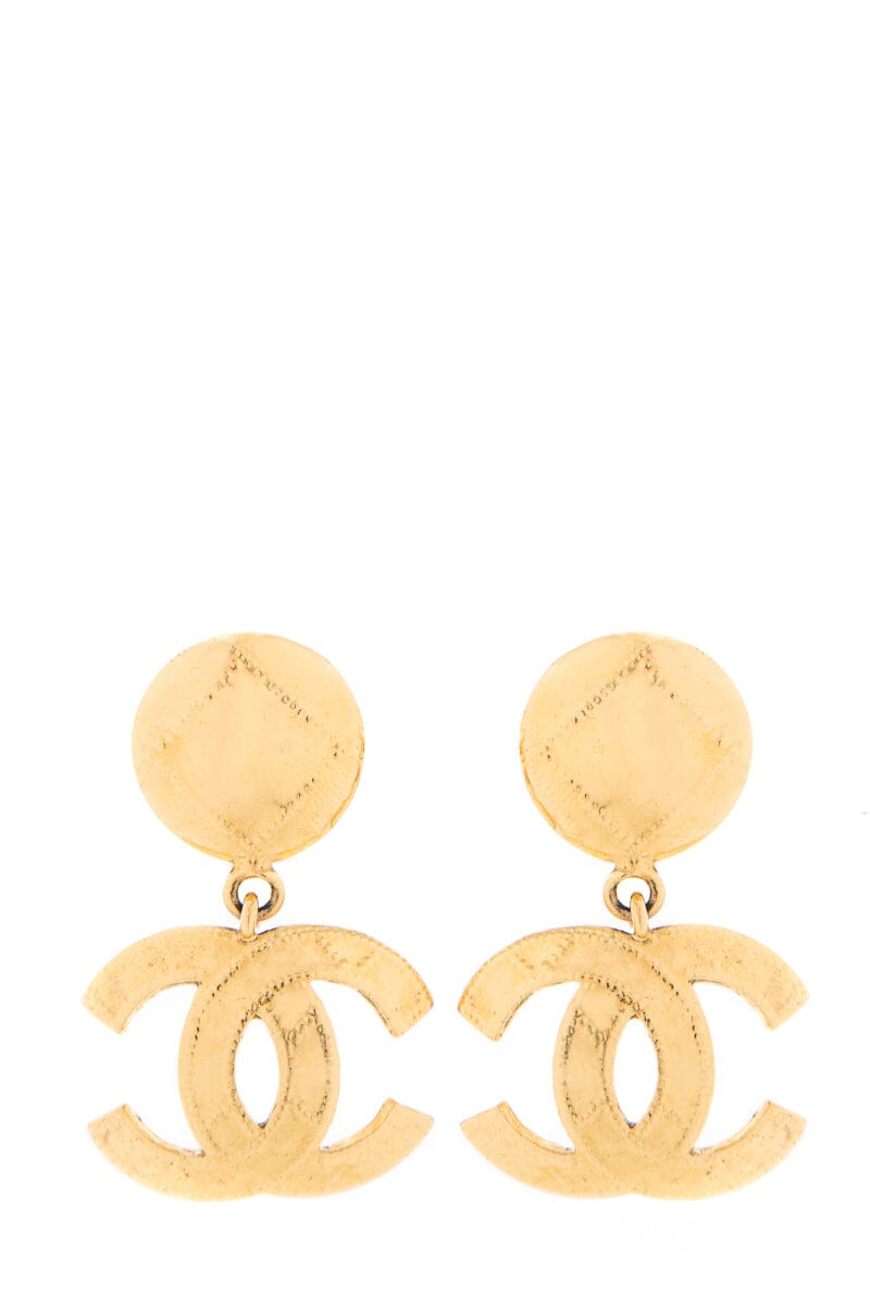Chanel Gold Texture Stitching Logo Dangle Earrings