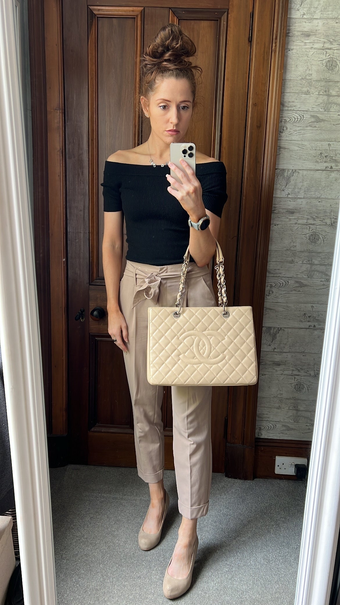 Chanel Light Beige Caviar Grand Shopper Tote with silver hardware (GST)