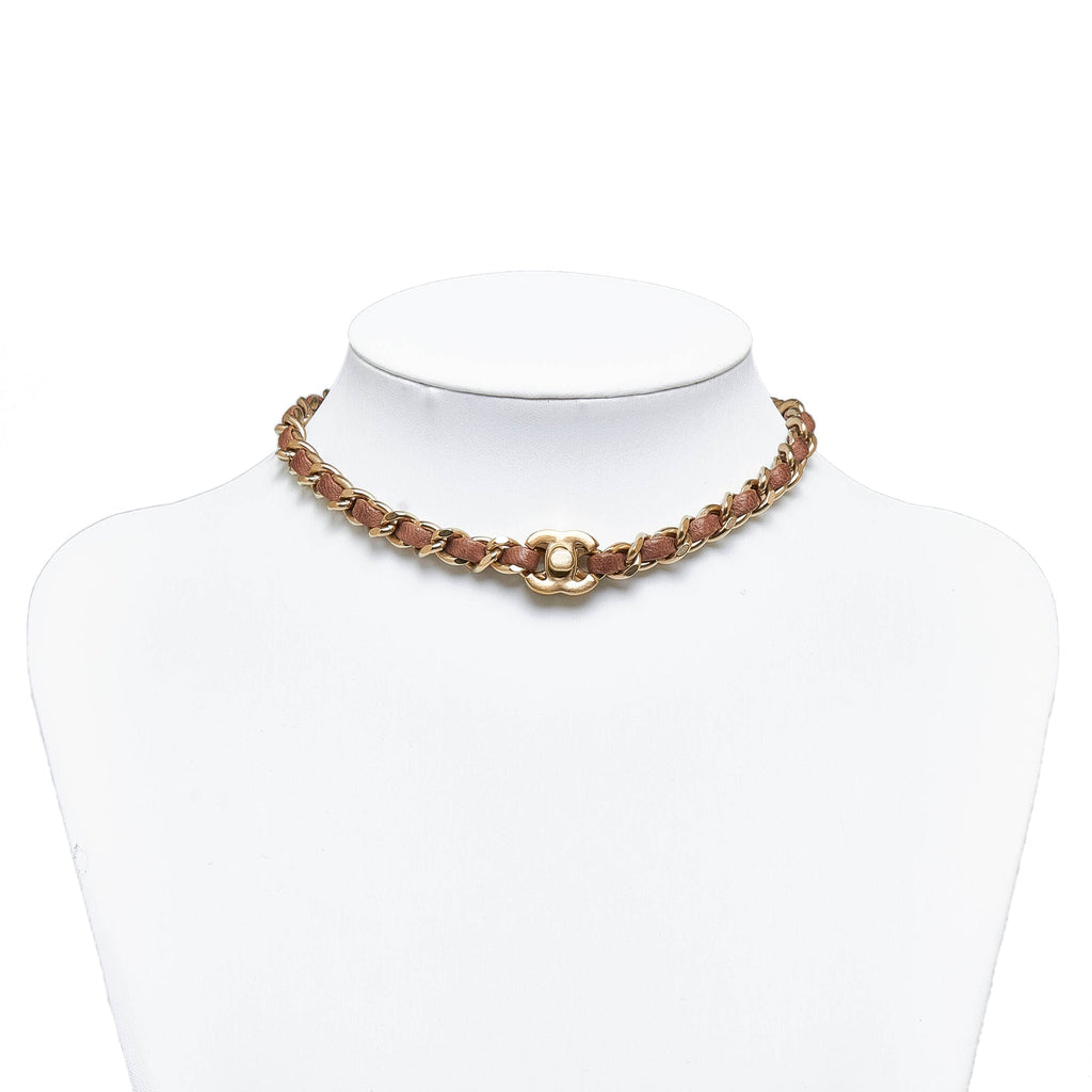 CHANEL Leather and Chain CC Turnlock Choker Necklace Costume Necklace