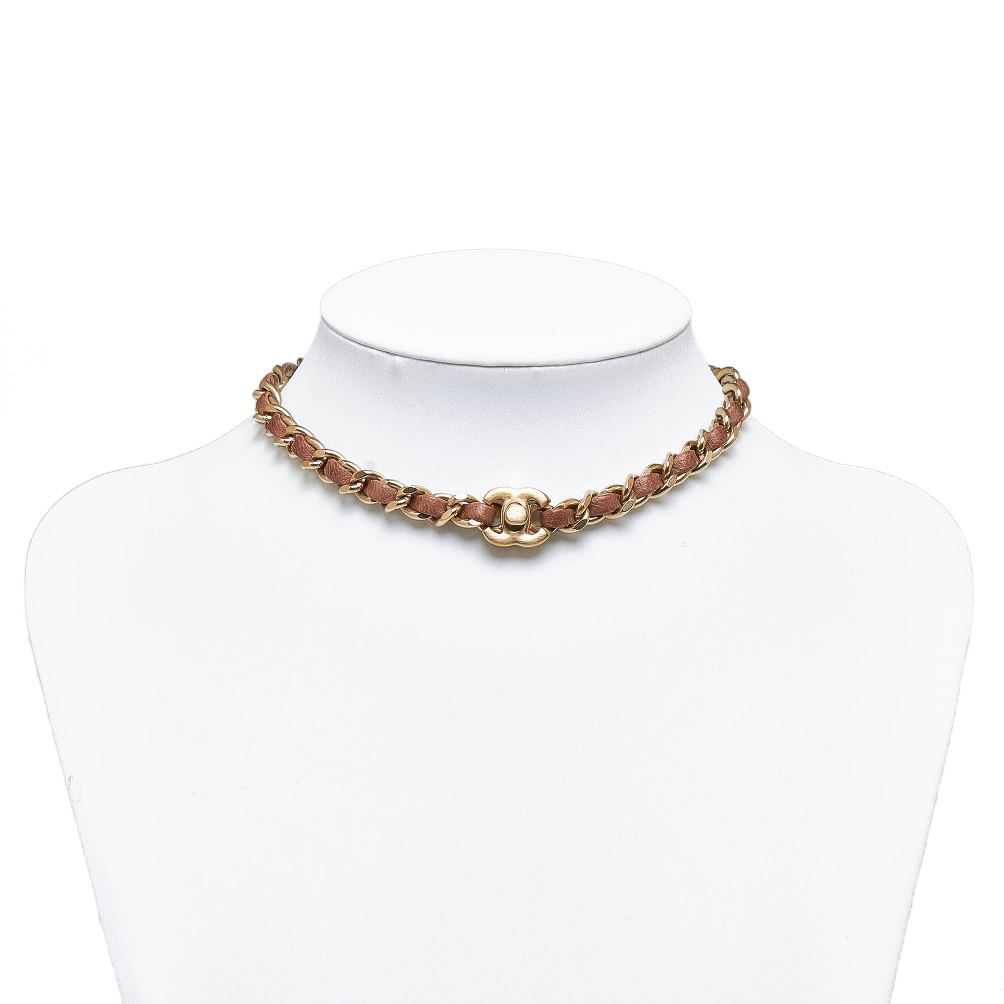 CHANEL Leather and Chain CC Turnlock Choker Necklace Costume Necklace