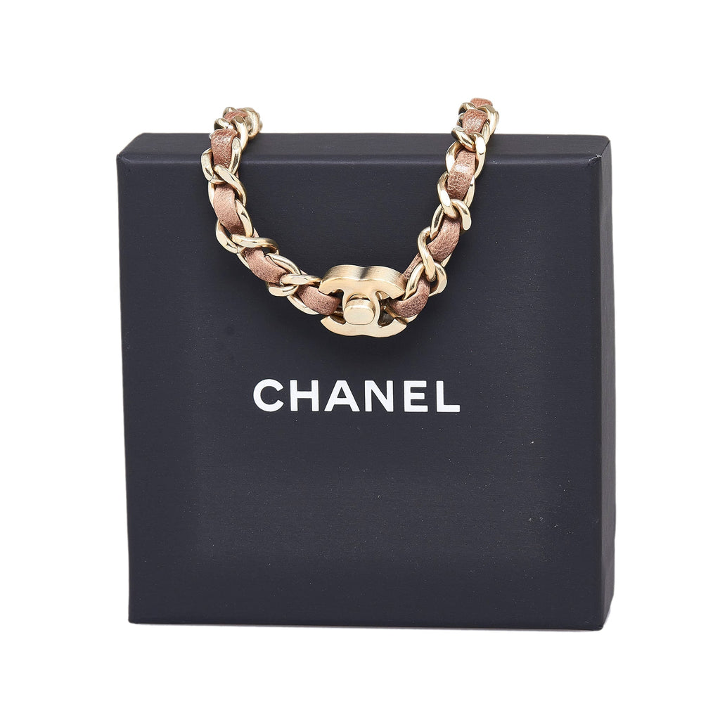 CHANEL Leather and Chain CC Turnlock Choker Necklace Costume Necklace