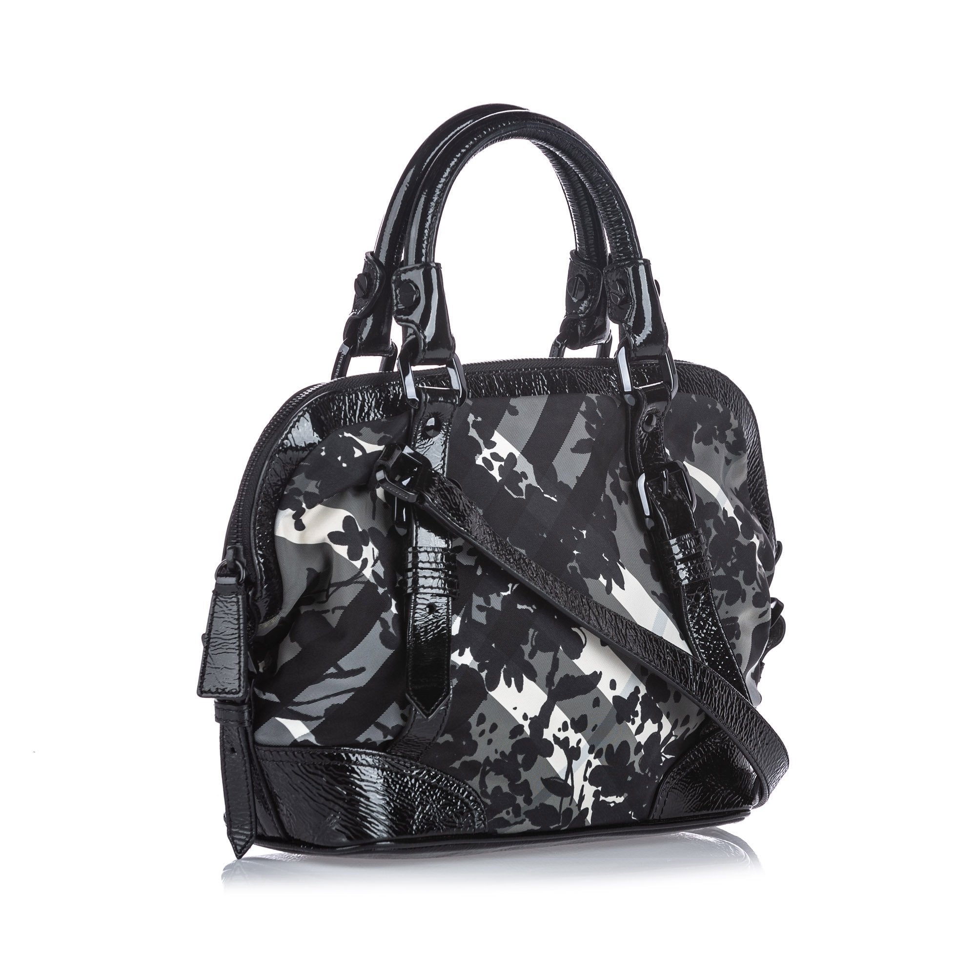 Pre-Loved Burberry Black Nylon Fabric Beat Check Printed Satchel Italy