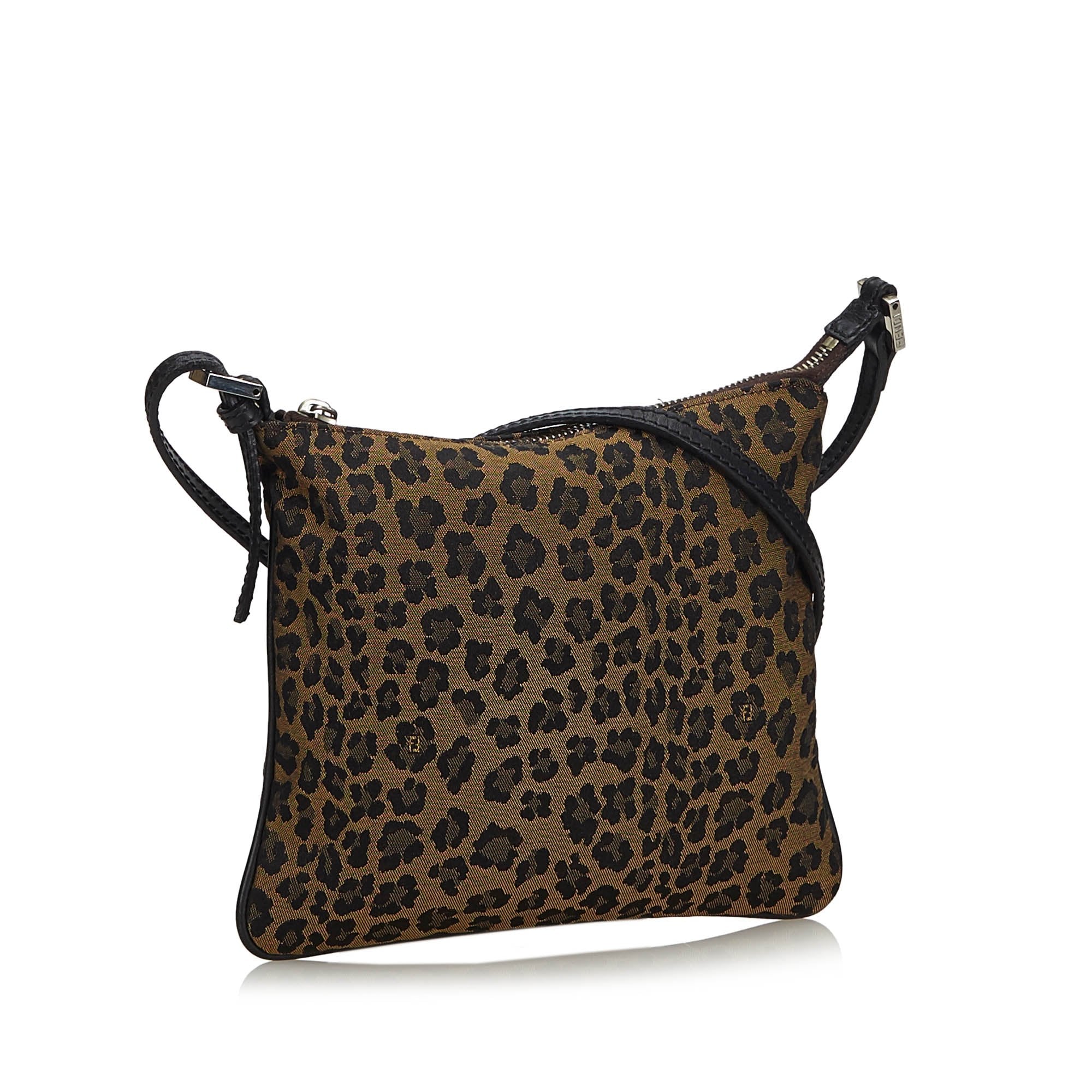 Pre-Loved Fendi Brown Light Canvas Fabric Leopard Print Crossbody Bag Italy