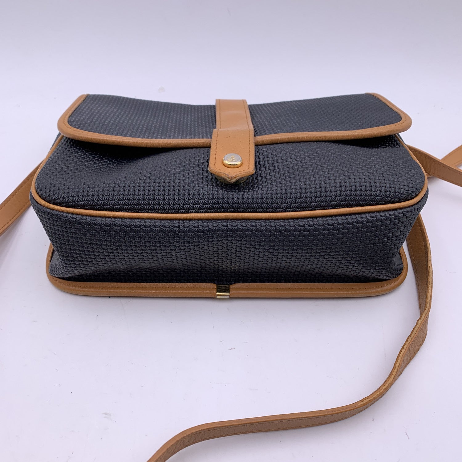 YVES SAINT LAURENT Black Beige Textured Vinyl Canvas Crossbody Bag