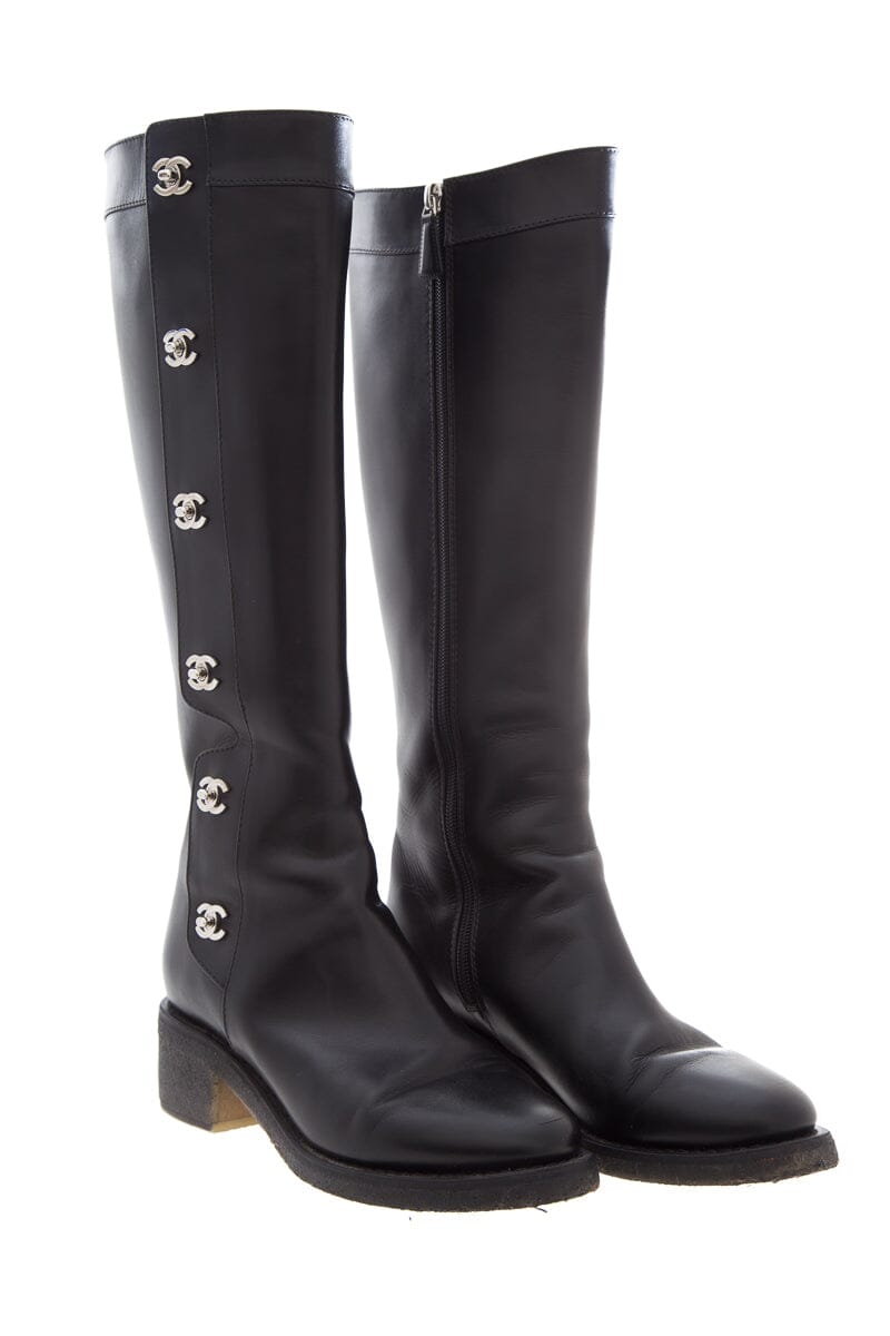 Chanel Black Knee High Riding Boots SZ 38.5