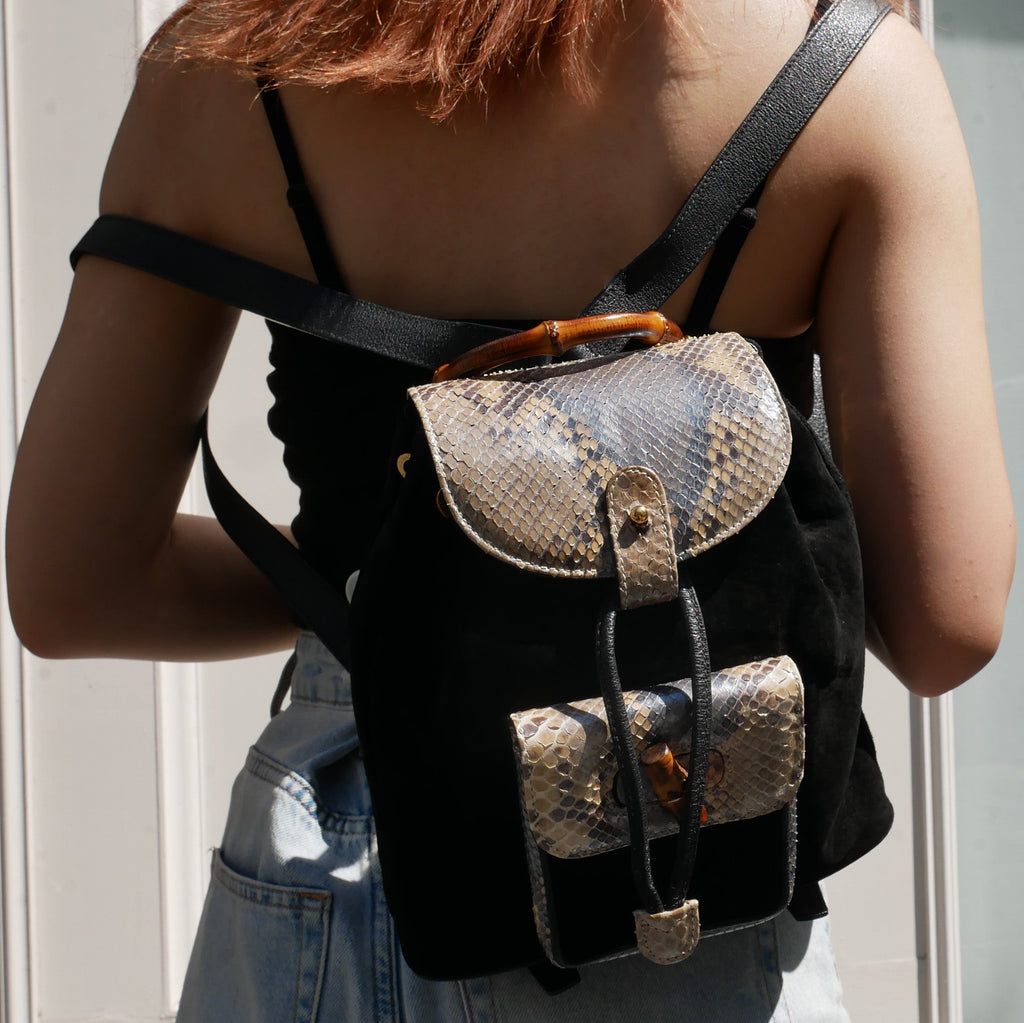 GUCCI 1980s Black Suede Python Bamboo Backpack Small