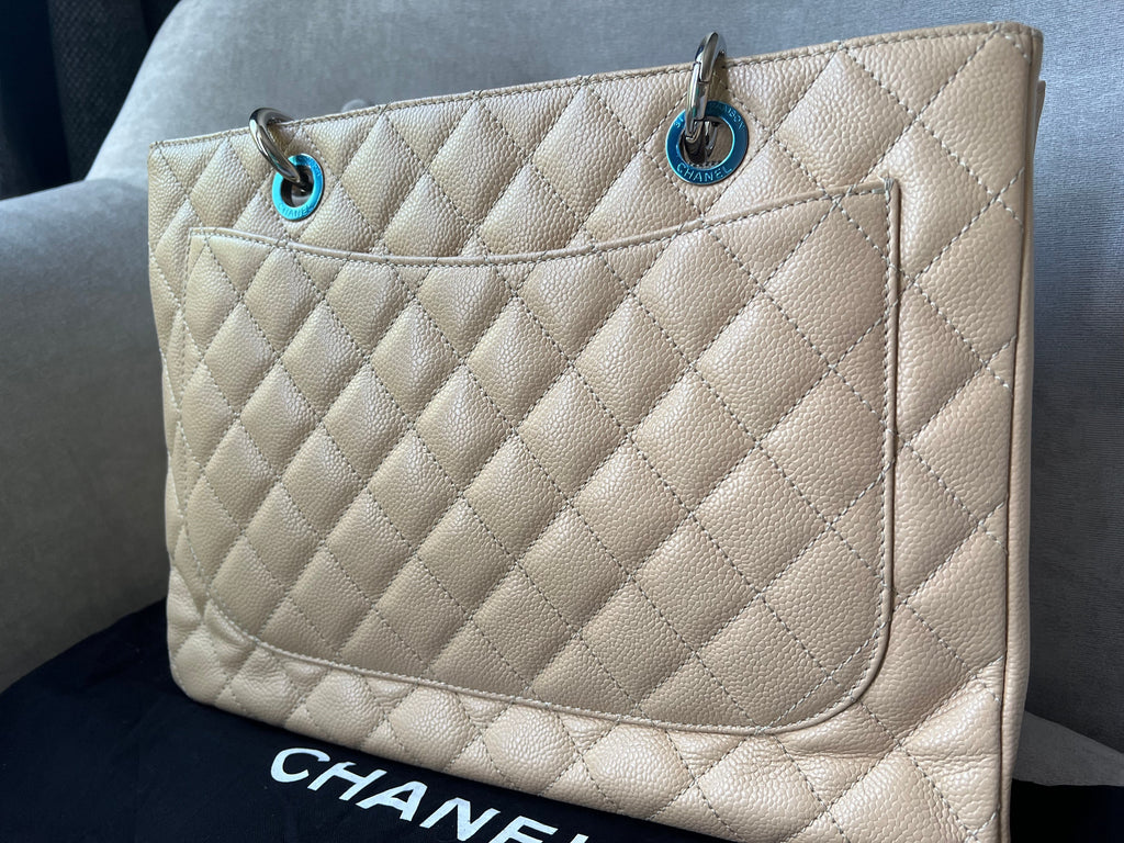 Chanel Light Beige Caviar Grand Shopper Tote with silver hardware (GST)