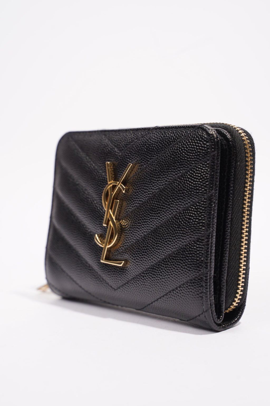 Saint Laurent Brand-Plaque Chevron-Quilted Black Grained Leather Small