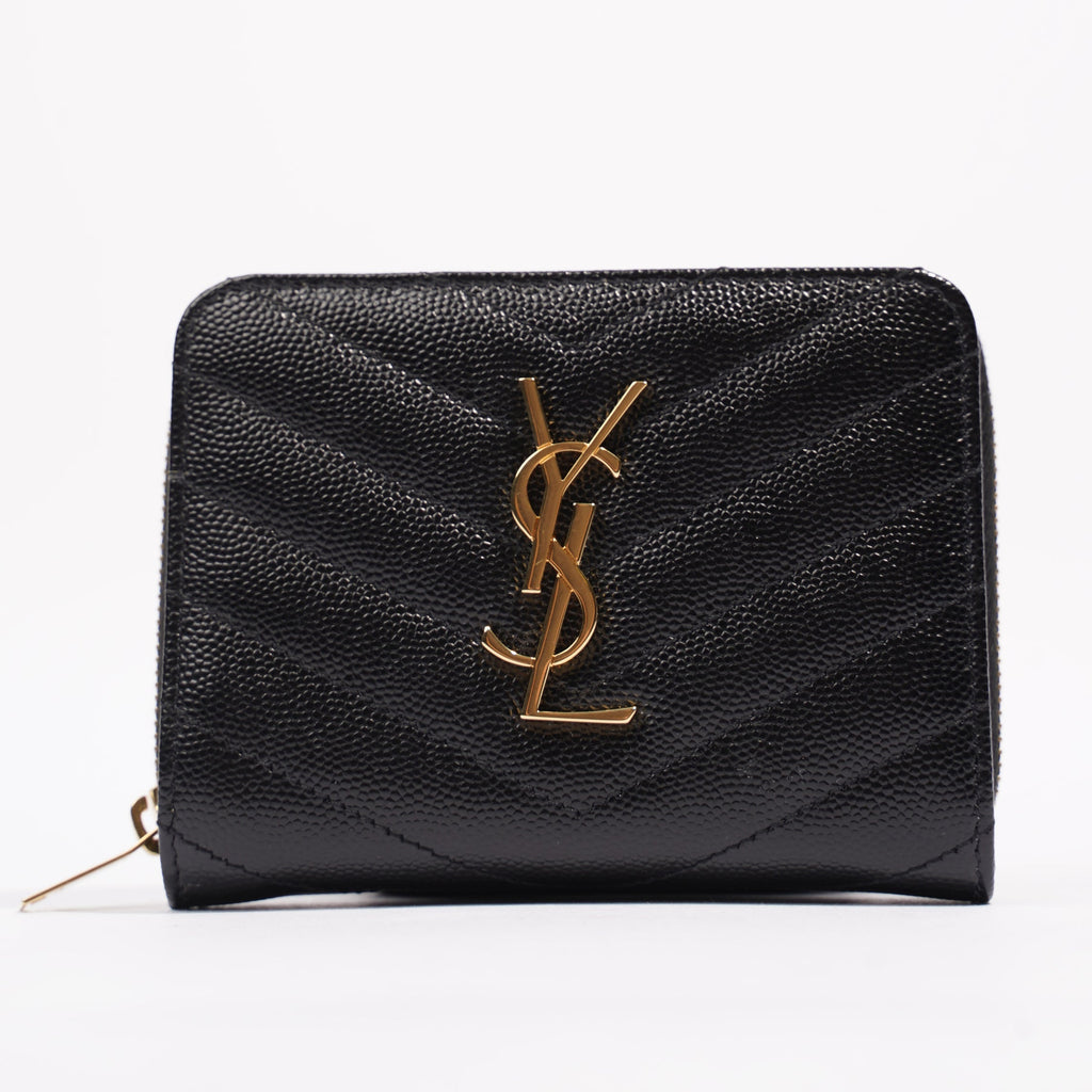 Saint Laurent Brand-Plaque Chevron-Quilted Black Grained Leather Small