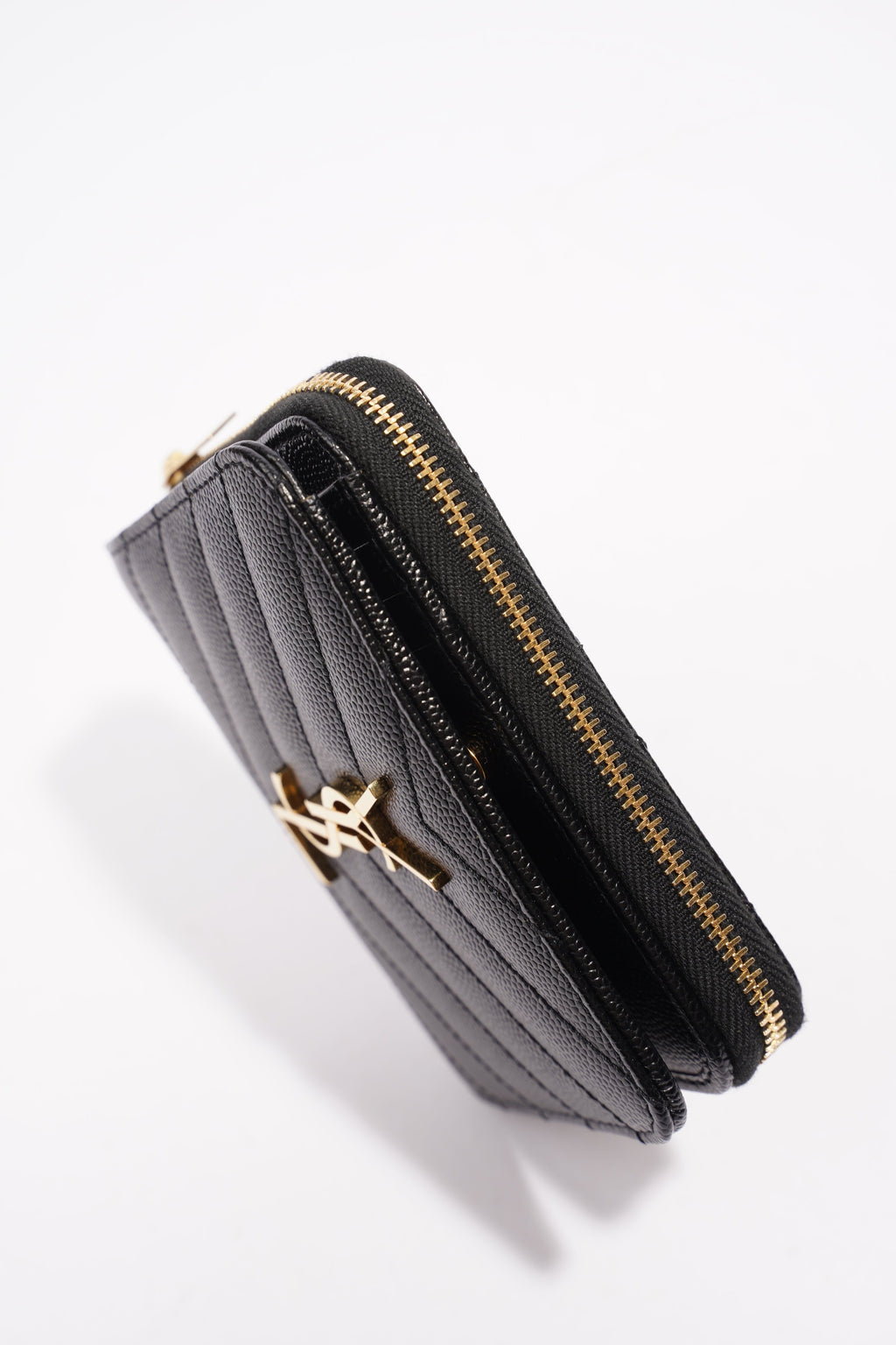 Saint Laurent Brand-Plaque Chevron-Quilted Black Grained Leather Small
