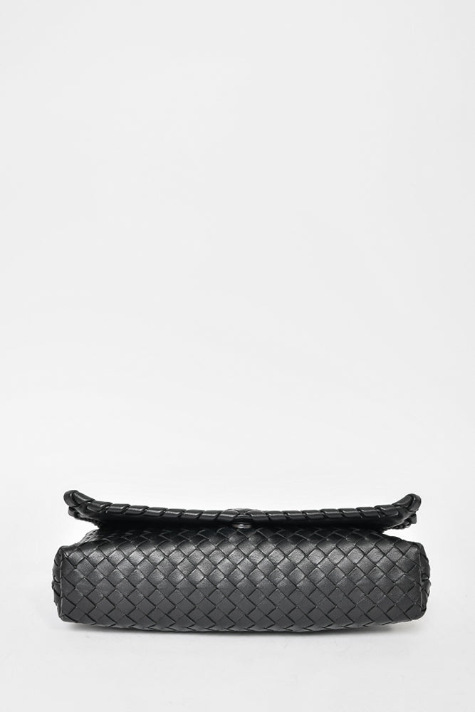 Bottega Veneta Black Intrecciato Leather Shoulder Flap Bag