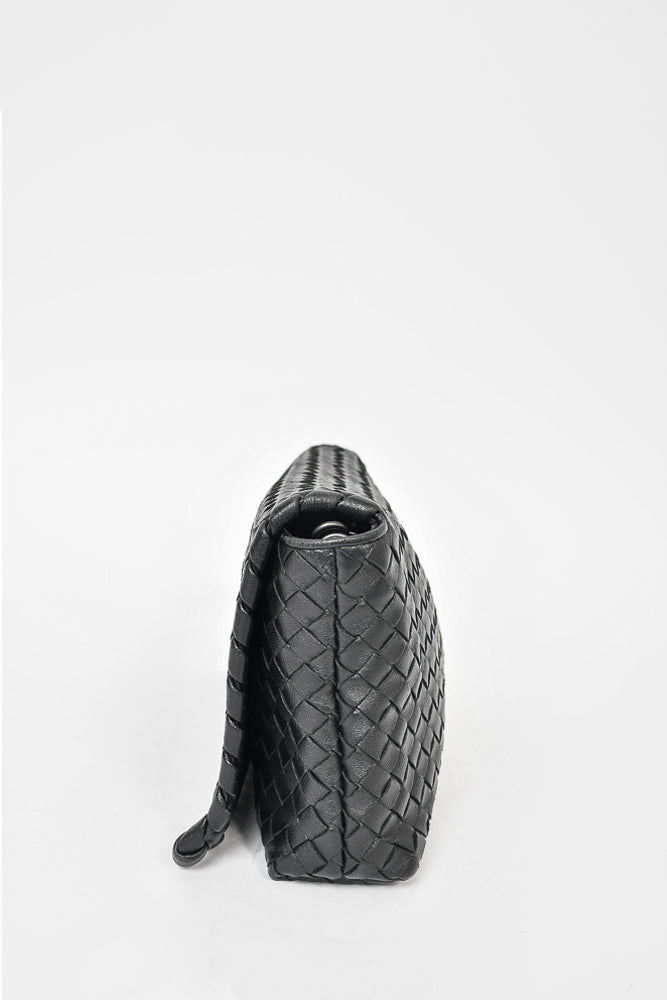 Bottega Veneta Black Intrecciato Leather Shoulder Flap Bag