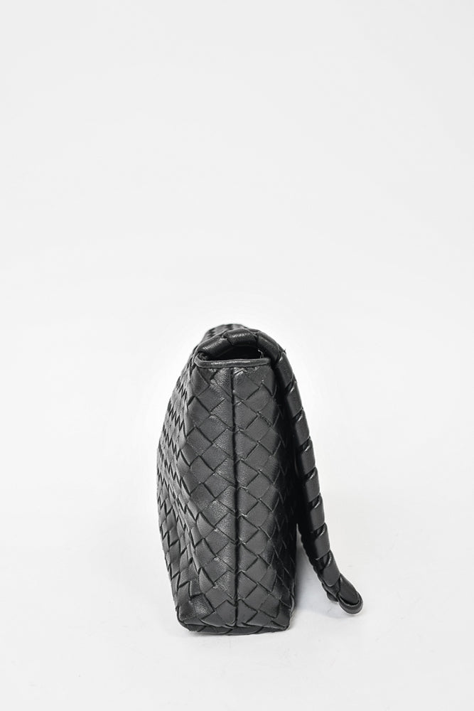 Bottega Veneta Black Intrecciato Leather Shoulder Flap Bag