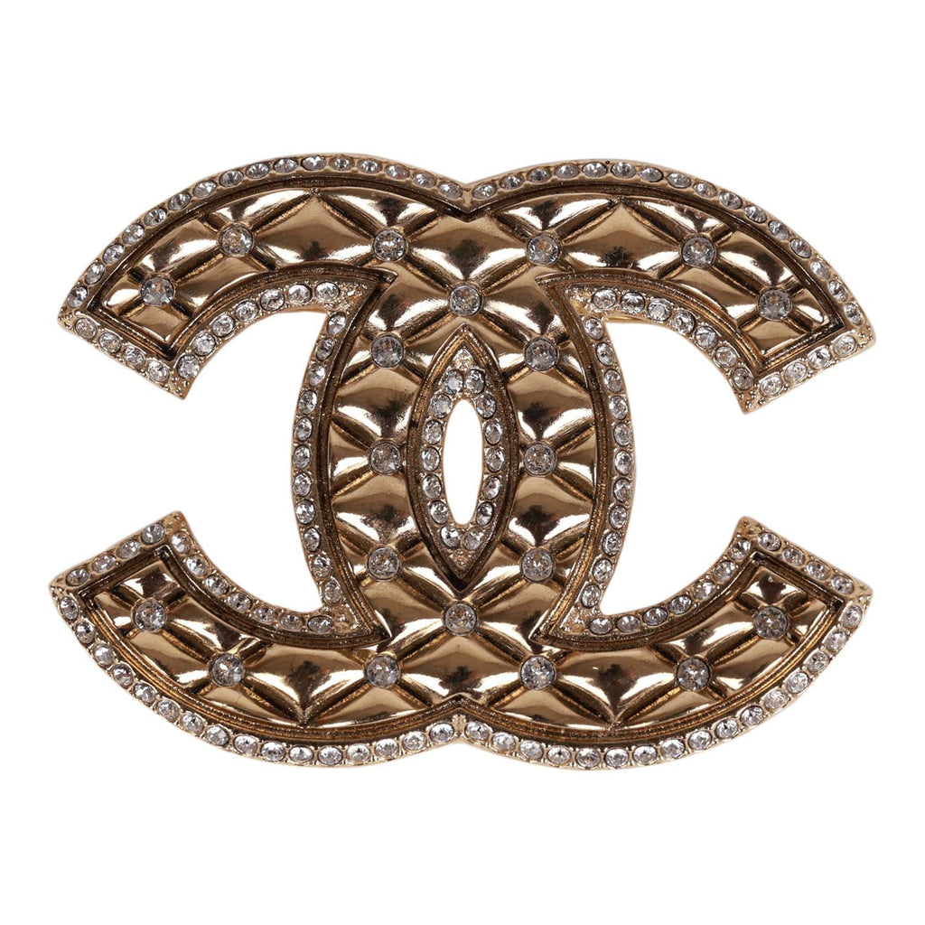 Chanel Crystal CC Gold Quilted Brooch