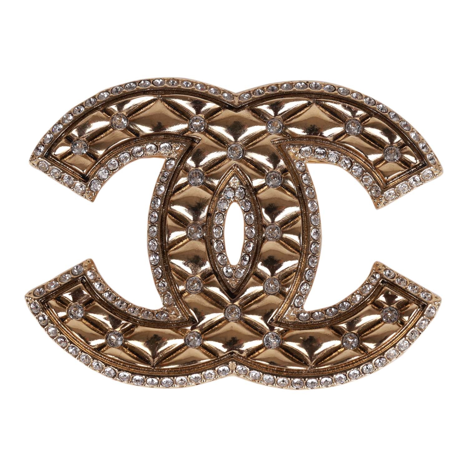 Chanel Crystal CC Gold Quilted Brooch