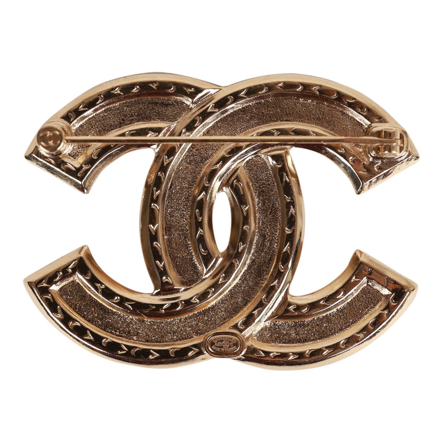 Chanel Crystal CC Gold Quilted Brooch