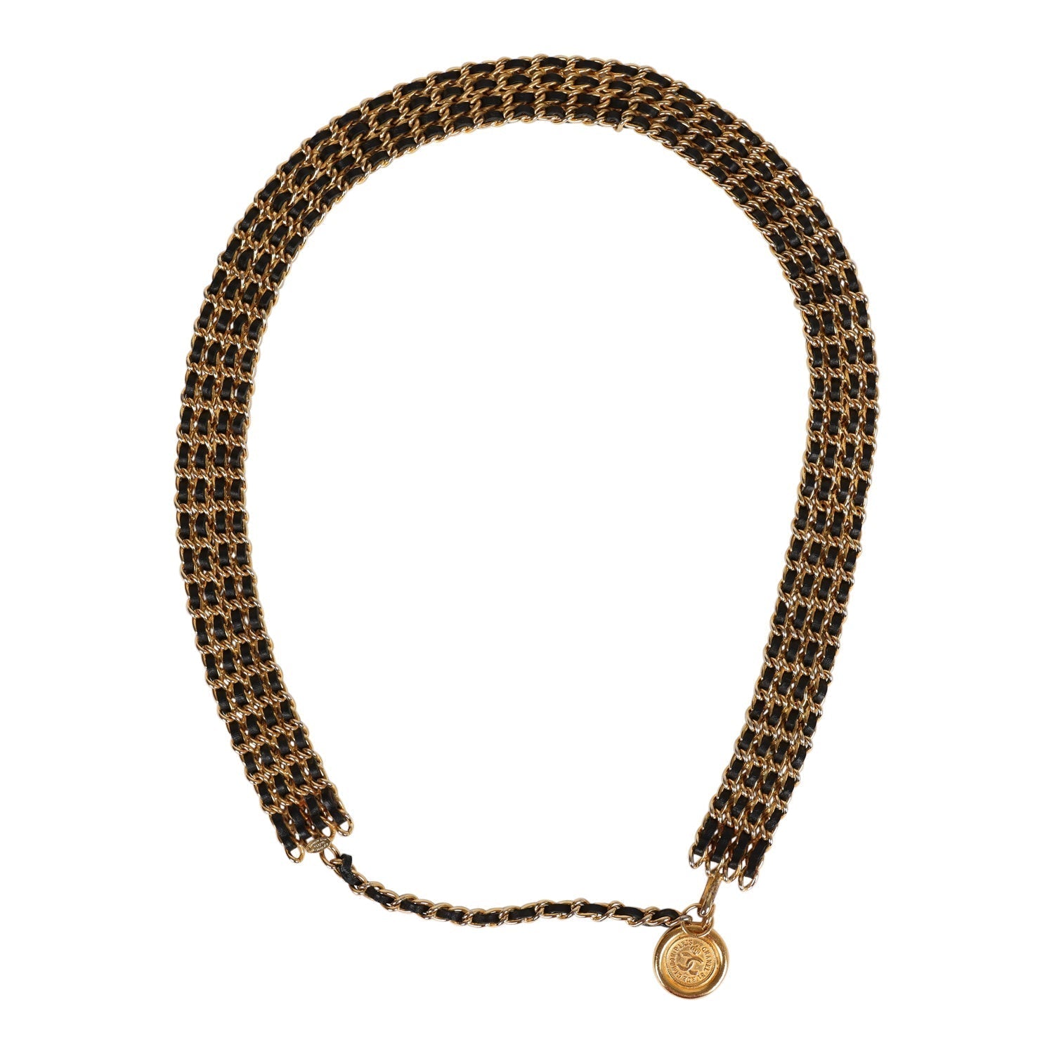 Vintage Chanel Quadruple Layered Chain Belt Black and Gold Leather & Gold Metal