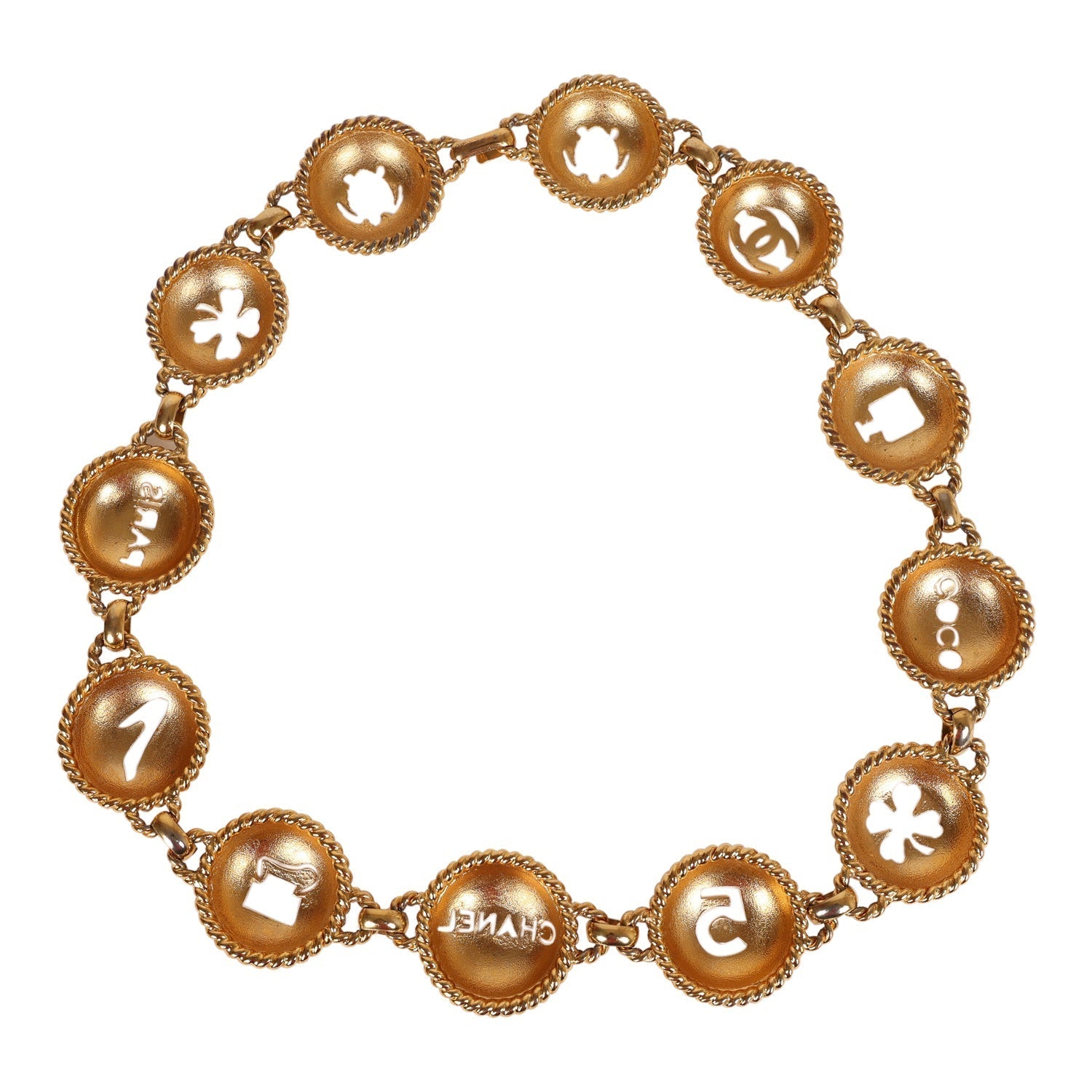 Vintage Chanel Round Cutout Lucky Charms Chain Belt Gold Metal