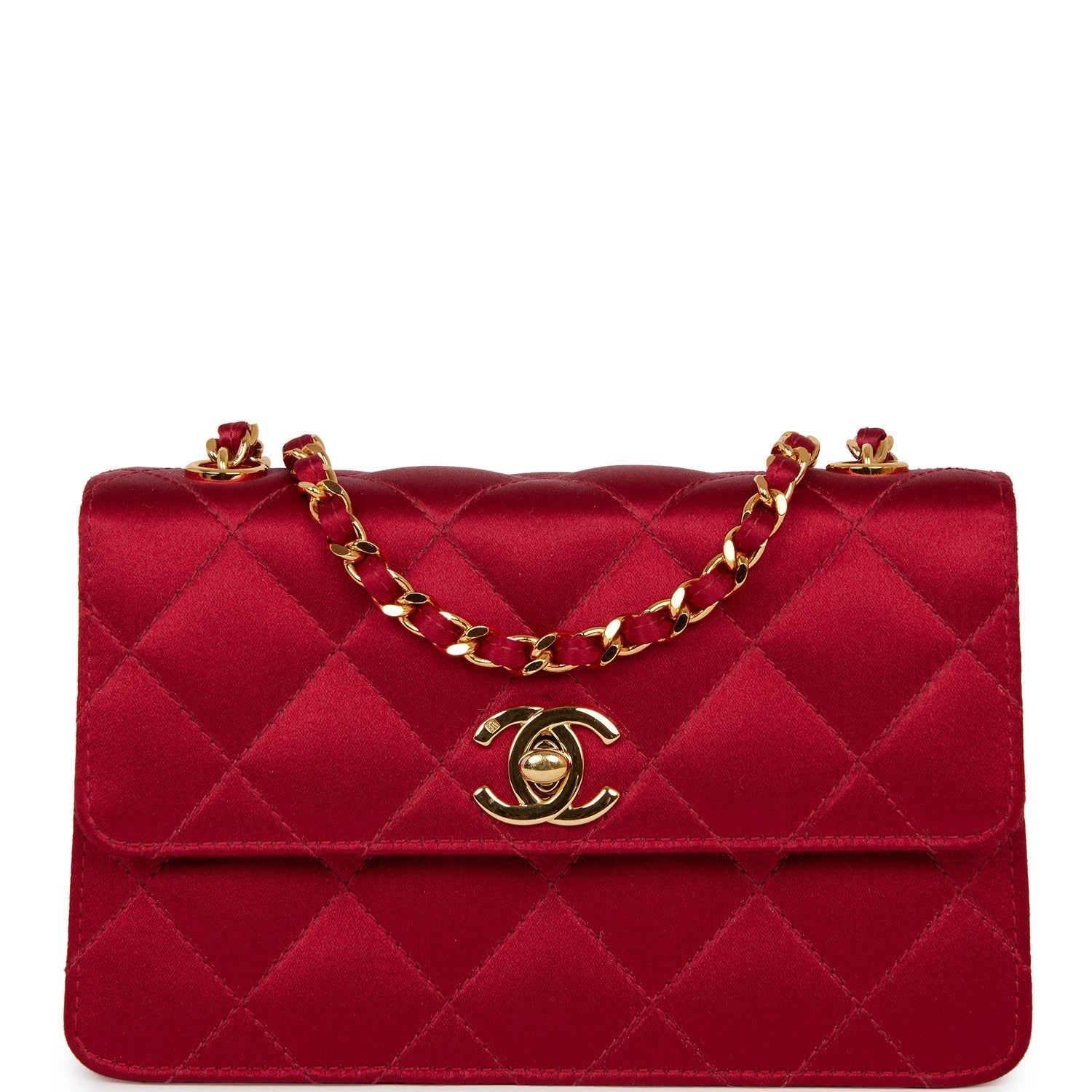 Vintage Chanel Mini Flap Bag Red Satin Gold Hardware